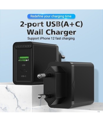 Cargador de Pared Vention FBBB0-EU 1xUSB Tipo-C / 1xUSB/ 20W